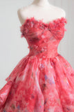 Red Floral Tulle Long Prom Dress, A-Line Sweetheart Neck Party Dress HZ0429