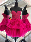 Cute Tulle Layers Short Prom Dress, Lace Strapless Homecoming Dress HZ0429