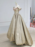 Gold Satin V-Neck Long Prom Dress with Flowers, Off the Shoulder A-Line Formal Dress HZ0429