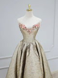 Gold Satin V-Neck Long Prom Dress with Flowers, Off the Shoulder A-Line Formal Dress HZ0429