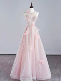 Pink Halter Shiny Tulle Long Prom Dress, Pink Tulle Evening Dress with Flowers HZ0429