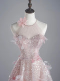 Pink Halter Shiny Tulle Long Prom Dress, Pink Tulle Evening Dress with Flowers HZ0429