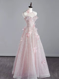 Pink Halter Shiny Tulle Long Prom Dress, Pink Tulle Evening Dress with Flowers HZ0429