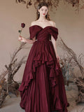 Burgundy Satin Long Prom Dress, A-Line Off the Shoulder Evening Party Dress HZ0429