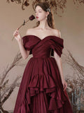 Burgundy Satin Long Prom Dress, A-Line Off the Shoulder Evening Party Dress HZ0429