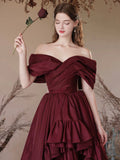 Burgundy Satin Long Prom Dress, A-Line Off the Shoulder Evening Party Dress HZ0429