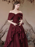 Burgundy Satin Long Prom Dress, A-Line Off the Shoulder Evening Party Dress HZ0429