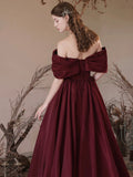 Burgundy Satin Long Prom Dress, A-Line Off the Shoulder Evening Party Dress HZ0429