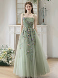 Green Spaghetti Strap Tulle Beads Long Prom Dress, Beautiful A-Line Party Dress HZ0429