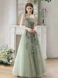Green Spaghetti Strap Tulle Beads Long Prom Dress, Beautiful A-Line Party Dress HZ0429