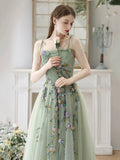 Green Spaghetti Strap Tulle Beads Long Prom Dress, Beautiful A-Line Party Dress HZ0429