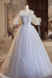 A-Line Tulle Floor Length Prom Dress, Off the Shoulder Blue Evening Party Dress HZ0429