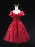 Burgundy Tulle Beaded Knee Length Party Dress, A-Line Short Sleeve Evening Party Dress HZ0429