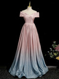 Pink Gradient Shiny Floor Length Prom Dress, Off Shoulder A-Line Evening Party Dress HZ0429