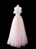 Pink Strapless Tulle Long Prom Dress, Beautiful A-Line Evening Party Dress HZ0429