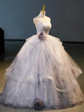 Gray Tulle Floor Length Formal Dress, A-Line Strapless Evening Party Dress HZ0429
