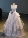 Gray Tulle Floor Length Formal Dress, A-Line Strapless Evening Party Dress HZ0429