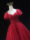 Burgundy Tulle Beaded Knee Length Party Dress, A-Line Short Sleeve Evening Party Dress HZ0429