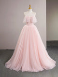 Pink Tulle Beads Long Prom Dress, Beautiful A-Line Evening Party Dress HZ0429