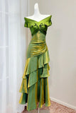 Shiny Green Satin Evening Gown Ruffled Off the Shoulder Formal Dress HZ0429
