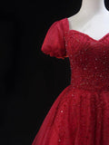 Burgundy Tulle Beaded Knee Length Party Dress, A-Line Short Sleeve Evening Party Dress HZ0429