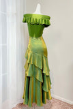 Shiny Green Satin Evening Gown Ruffled Off the Shoulder Formal Dress HZ0429