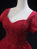 Burgundy Tulle Beaded Knee Length Party Dress, A-Line Short Sleeve Evening Party Dress HZ0429