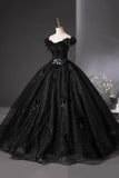 Shiny Black Tulle Long Ball Gown, A-line Off the Shoulder Feather Evening Gown HZ0429