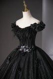 Shiny Black Tulle Long Ball Gown, A-line Off the Shoulder Feather Evening Gown HZ0429