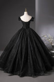 Shiny Black Tulle Long Ball Gown, A-line Off the Shoulder Feather Evening Gown HZ0429