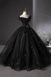 Shiny Black Tulle Long Ball Gown, A-line Off the Shoulder Feather Evening Gown HZ0429