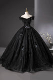 Shiny Black Tulle Long Ball Gown, A-line Off the Shoulder Feather Evening Gown HZ0429