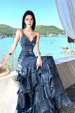 Slate Blue Spaghetti Strap Maxi Dress - Tiered Ruffle Side Slit Back Lace-Up Evening Gown HZ0429