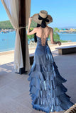 Slate Blue Spaghetti Strap Maxi Dress - Tiered Ruffle Side Slit Back Lace-Up Evening Gown HZ0429