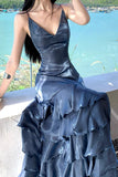 Slate Blue Spaghetti Strap Maxi Dress - Tiered Ruffle Side Slit Back Lace-Up Evening Gown HZ0429