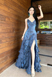 Slate Blue Spaghetti Strap Maxi Dress - Tiered Ruffle Side Slit Back Lace-Up Evening Gown HZ0429