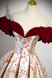 Beautiful Floral Satin Sweetheart Off Shoulder Prom Dress, Burgundy Long Satin Backless Party Dress HZ0429