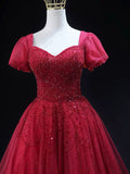 Burgundy Tulle Beaded Knee Length Party Dress, A-Line Short Sleeve Evening Party Dress HZ0429