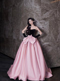 Black Velvet and Satin Long Prom Dress, Beautiful A-Line Strapless Party Dress wit Bow HZ0429
