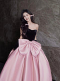 Black Velvet and Satin Long Prom Dress, Beautiful A-Line Strapless Party Dress wit Bow HZ0429