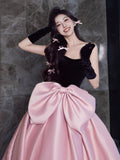 Black Velvet and Satin Long Prom Dress, Beautiful A-Line Strapless Party Dress wit Bow HZ0429