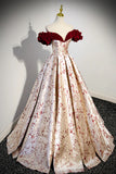 Beautiful Floral Satin Sweetheart Off Shoulder Prom Dress, Burgundy Long Satin Backless Party Dress HZ0429