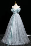 Blue Tulle Lace Long Prom Dress, Blue Off the Shoulder Evening Party Dress HZ0429