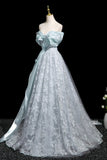 Blue Tulle Lace Long Prom Dress, Blue Off the Shoulder Evening Party Dress HZ0429