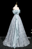 Blue Tulle Lace Long Prom Dress, Blue Off the Shoulder Evening Party Dress HZ0429