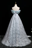Blue Tulle Lace Long Prom Dress, Blue Off the Shoulder Evening Party Dress HZ0429
