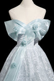 Blue Tulle Lace Long Prom Dress, Blue Off the Shoulder Evening Party Dress HZ0429