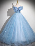 Light Blue Tulle Sequins Long Prom Dress, Lovely A-Line Evening Party Dress HZ0429