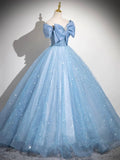 Light Blue Tulle Sequins Long Prom Dress, Lovely A-Line Evening Party Dress HZ0429