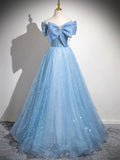 Light Blue Tulle Sequins Long Prom Dress, Lovely A-Line Evening Party Dress HZ0429